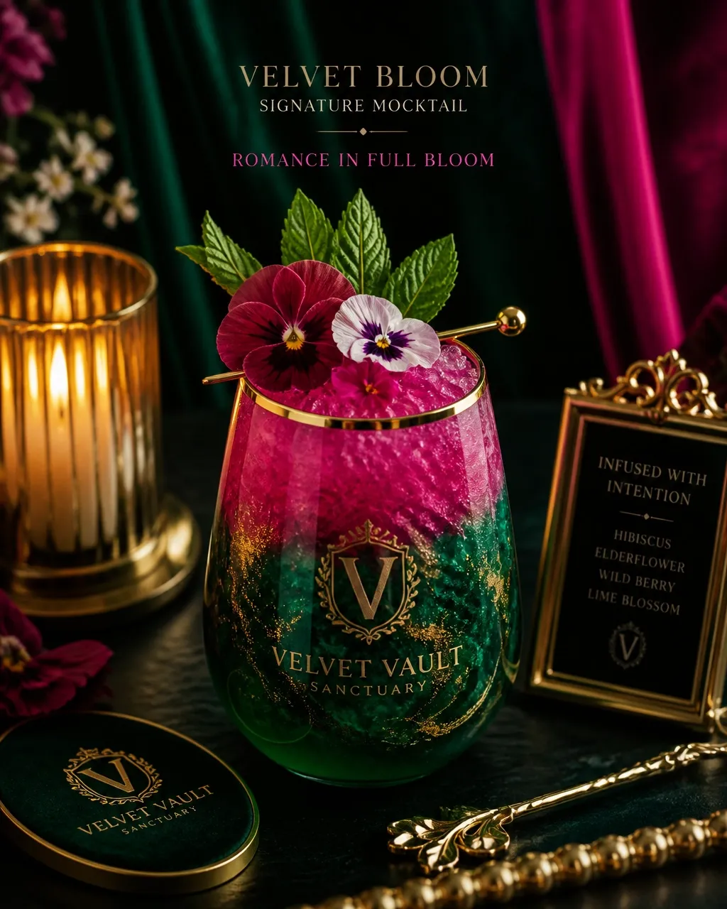 Luxury non-alcoholic botanical mocktail beside a warm touch lamp
