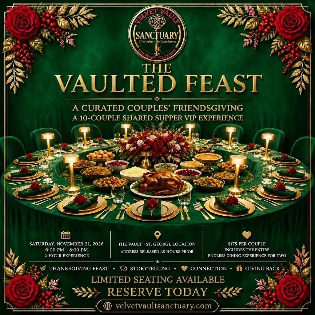 Emerald velvet table setting with metallic gold place settings, glowing rechargeable touch lamps, and fuchsia florals in the private Velvet Vault Sanctuary