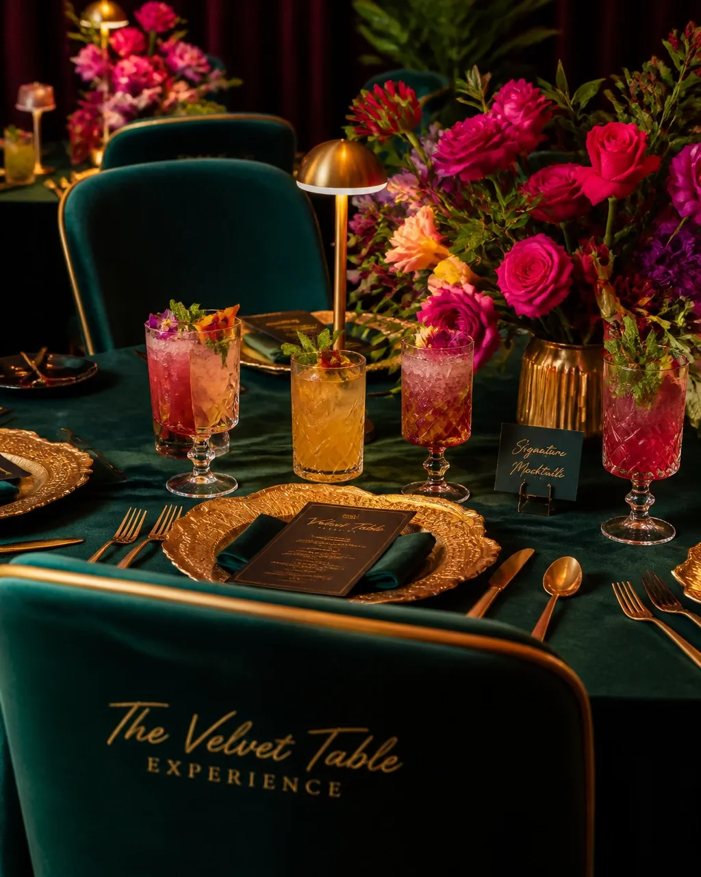Emerald velvet table with gold-rimmed place settings, fuchsia florals, rechargeable touch lamps, and non-alcoholic mocktails